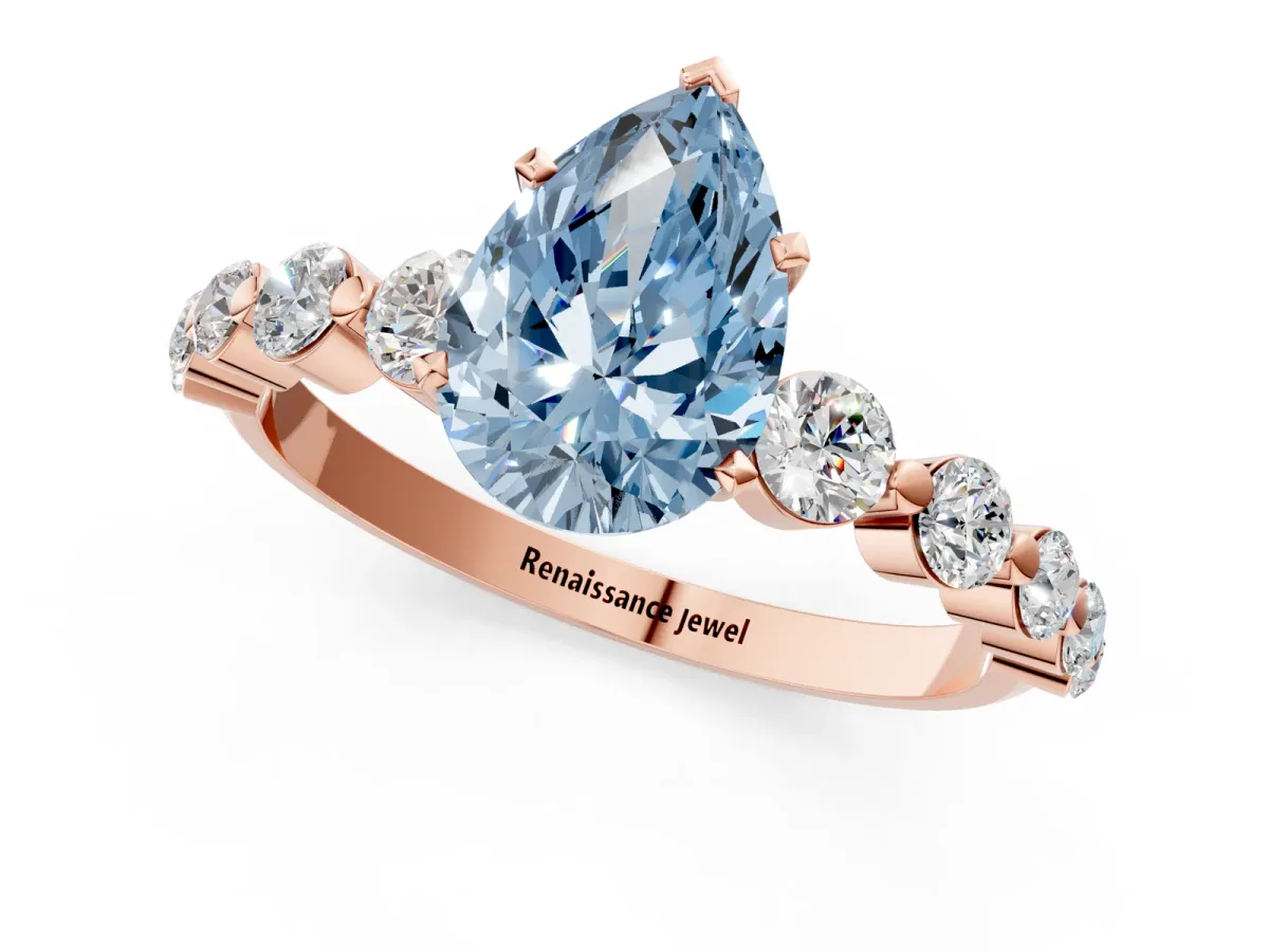 Fancy Blue Pear Cut Solitaire Diamond Ring with Pave Band and Four-Prong Setting Rose gold