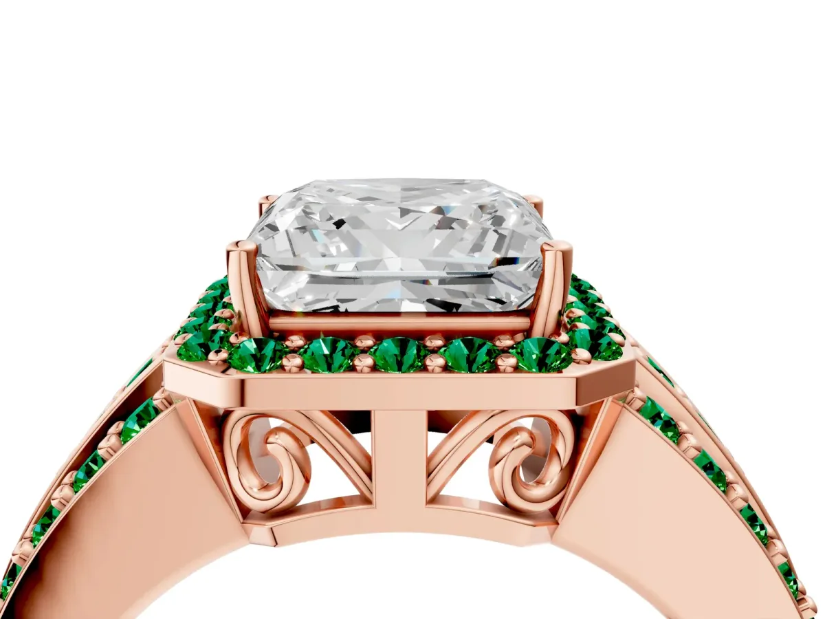 Princess Cut Halo Diamond Ring with Round Emerald Split Shank and Prong Setting Rose gold