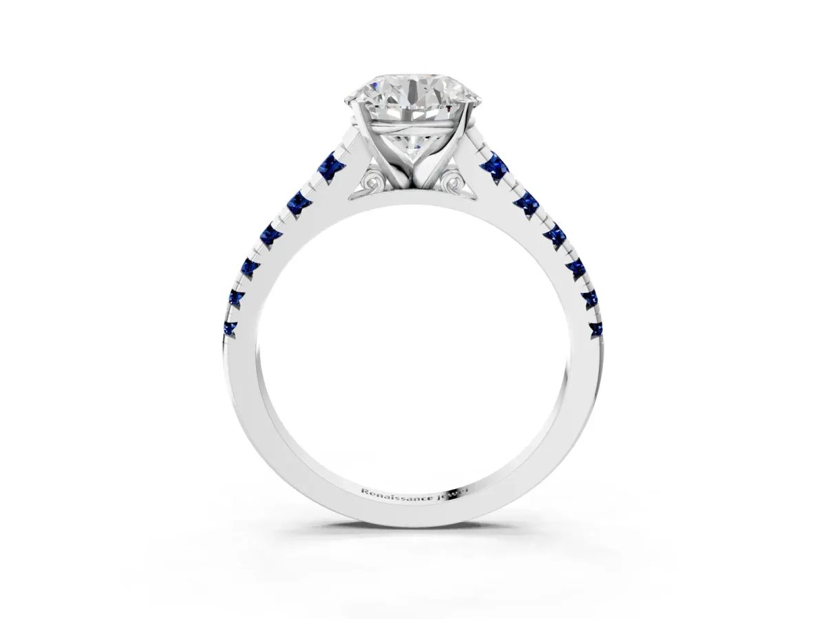 Round Cut Diamond Cathedral Solitaire Ring with Round Blue Sapphire Pavé Band Silver