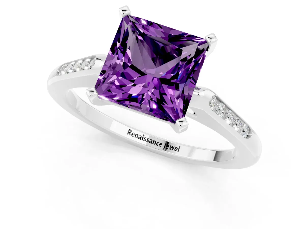 Princess Cut Amethyst Solitaire Ring with Channel Set Round Band and Prong Setting Silver