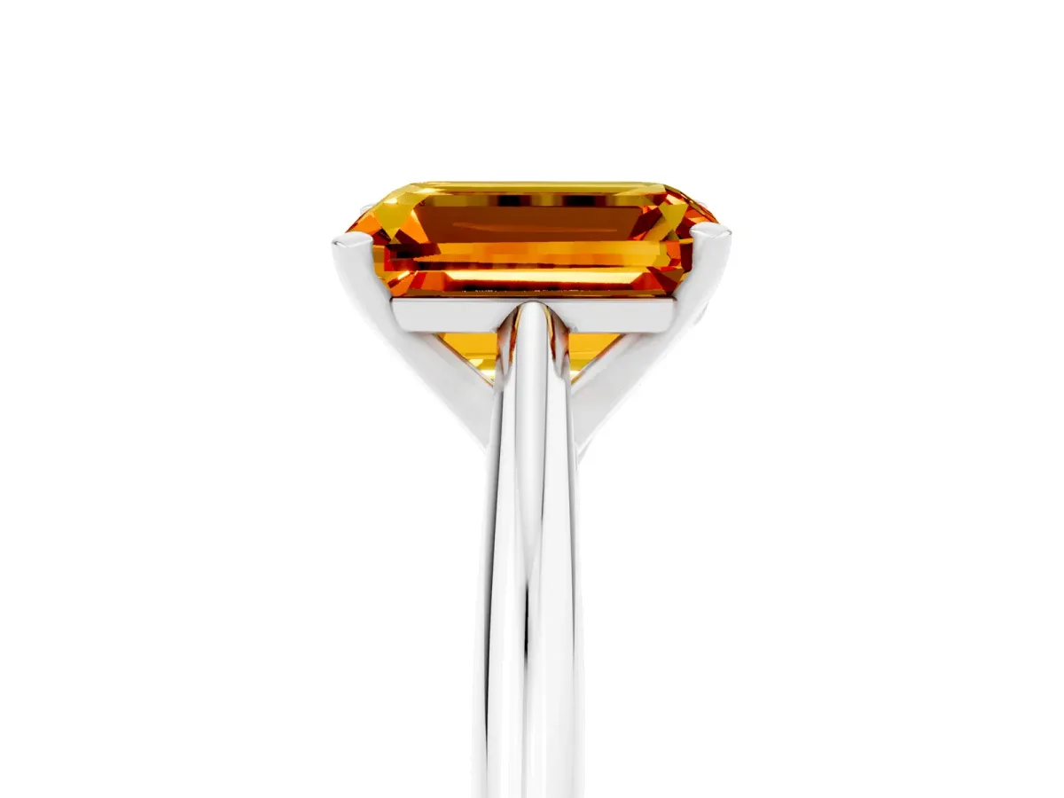 Emerald Cut Citrine Solitaire Engagement Ring with Cathedral Setting and Four-Prong Mount White gold