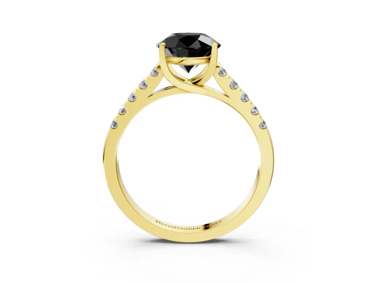 Fancy Black Round Cut Diamond Pavé Band Solitaire Ring with Prong Setting Yellow gold