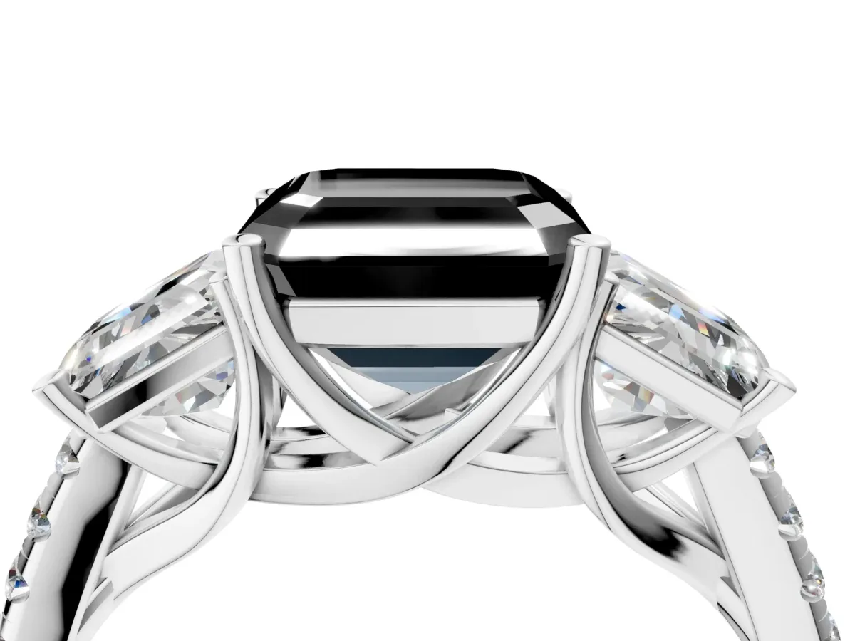 Fancy Black Three-Stone Asscher Cut Diamond Ring with Round Pavé Band and Prong Setting Silver