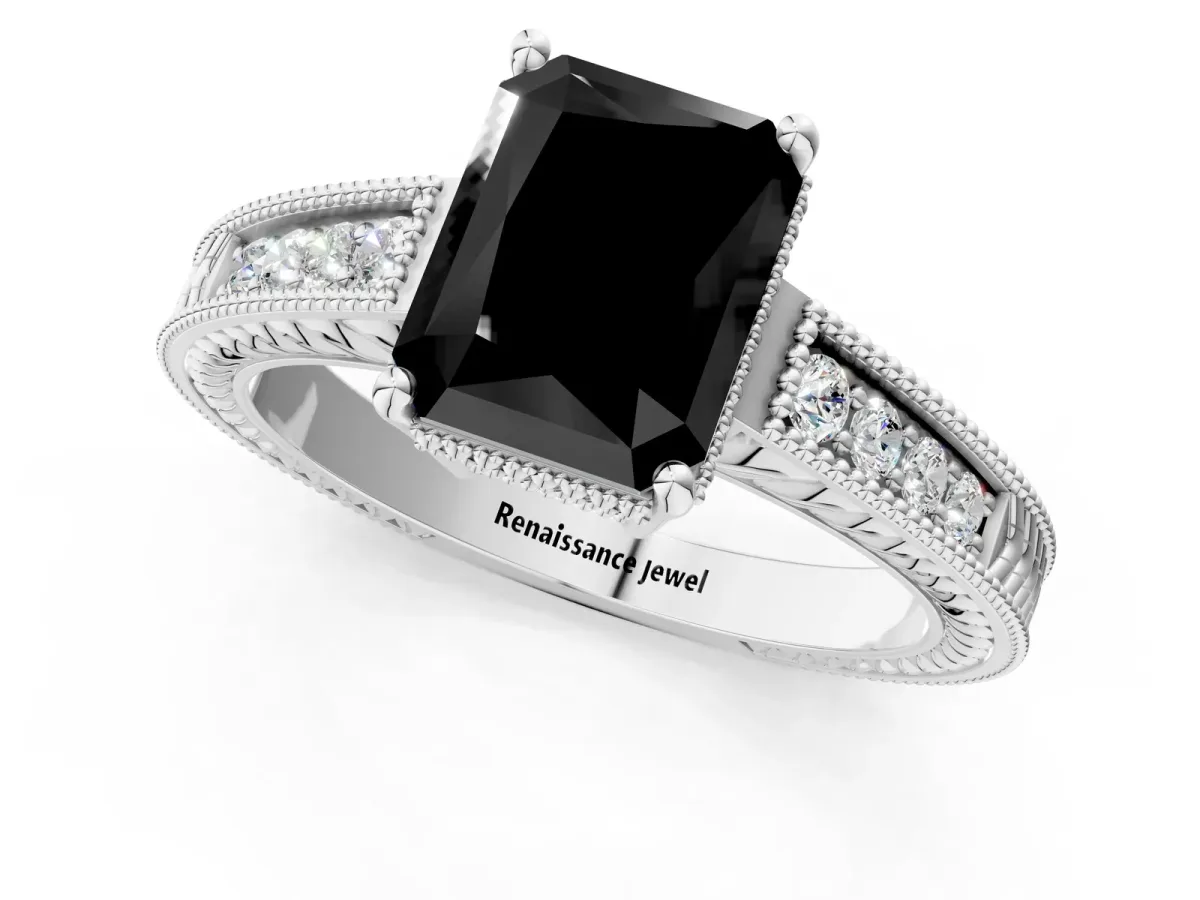 Fancy Black Radiant Cut Cut Diamond Milgrain Pave Band Four-Prong Setting Ring Platinum