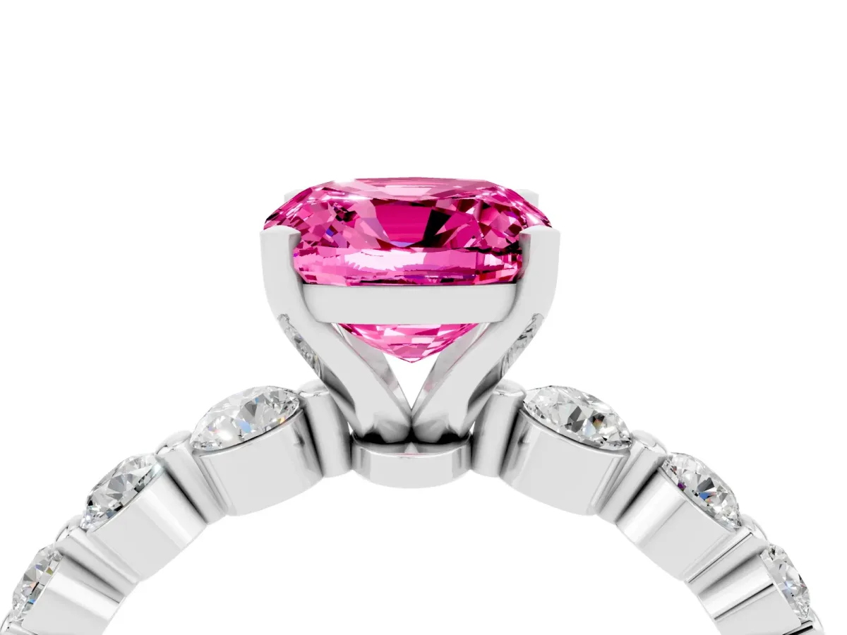 Cushion Cut Solitaire Pink Sapphire Ring with Pave Band and Four-Prong Setting Silver