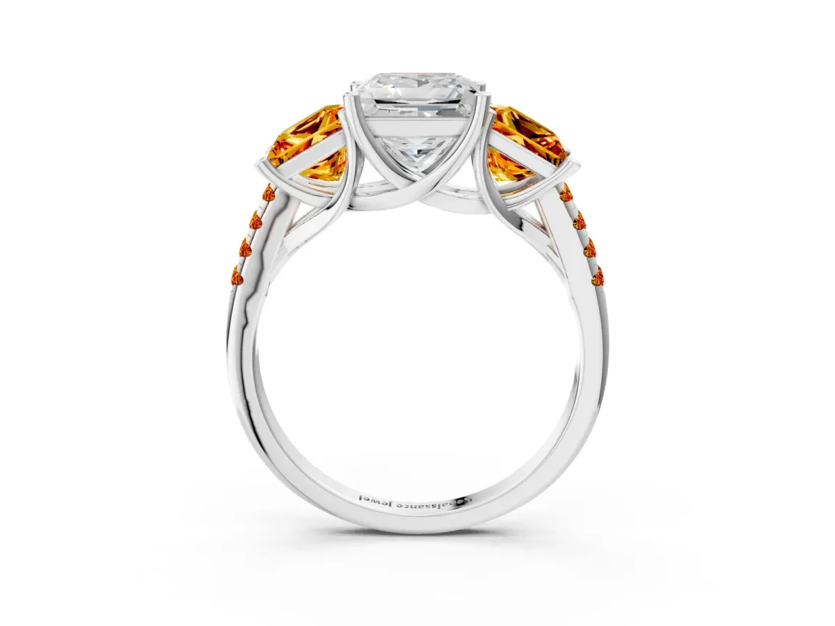 Three-Stone Princess Cut Diamond Ring with Round Citrine Pavé Band and Prong Setting Silver