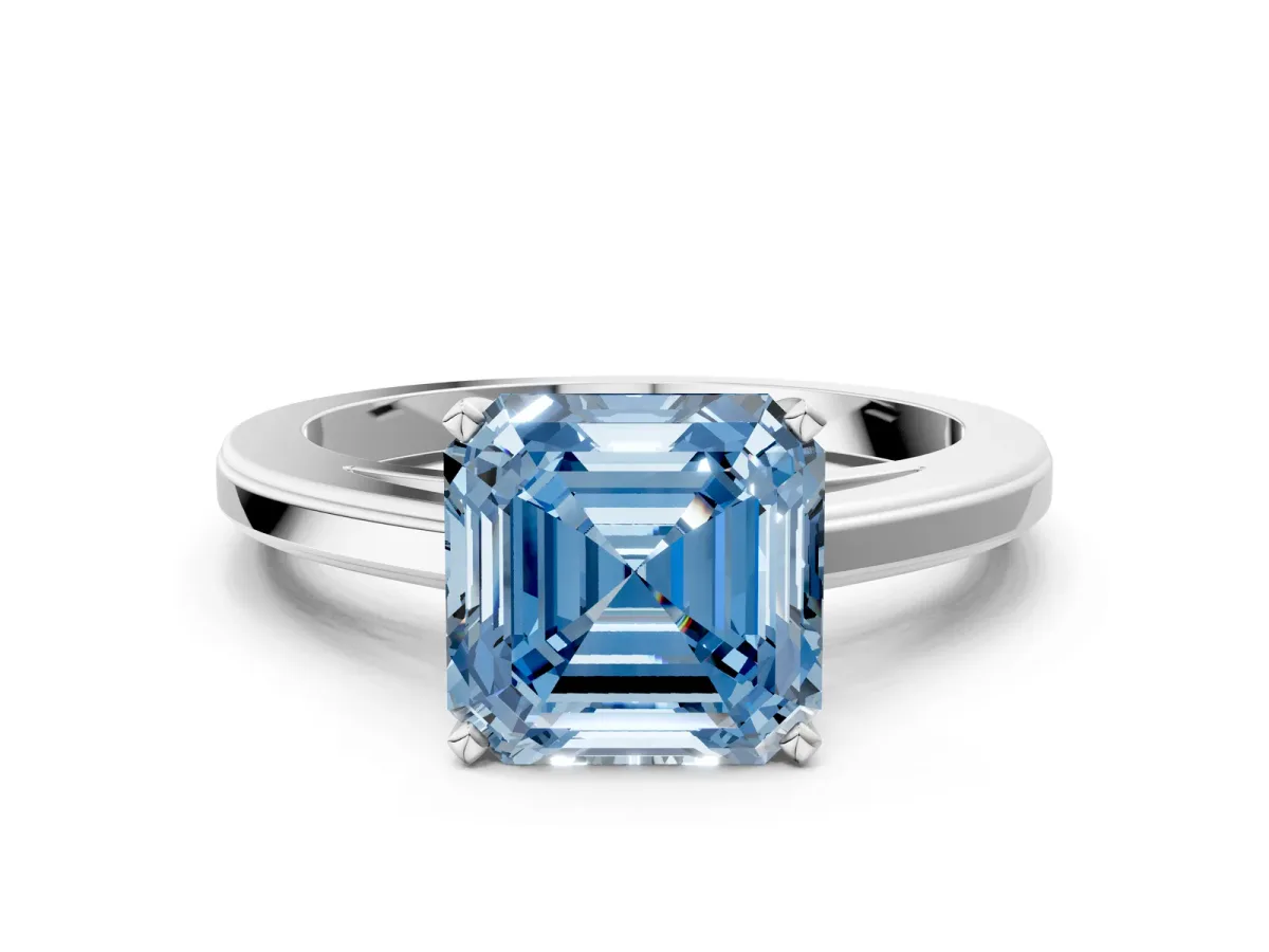 Fancy Blue Asscher Cut Solitaire Diamond Ring with Four-Prong Setting and Classic Band Platinum