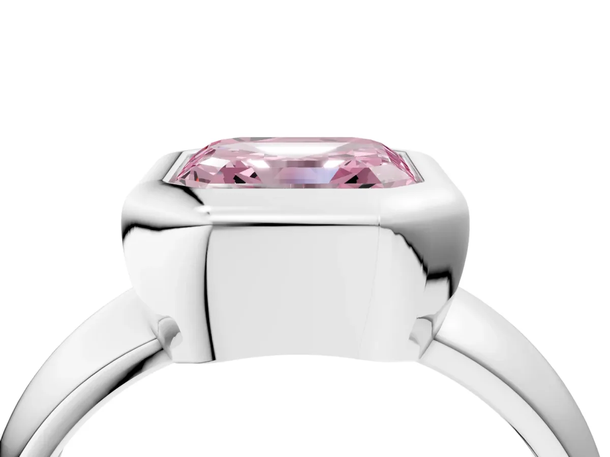 Fancy Pink Bezel Set Asscher Cut Solitaire Ring with Wide Band Platinum