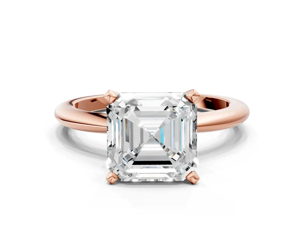 Asscher Cut Diamond Solitaire Ring with Six-Prong Setting and Classic Band Rose gold