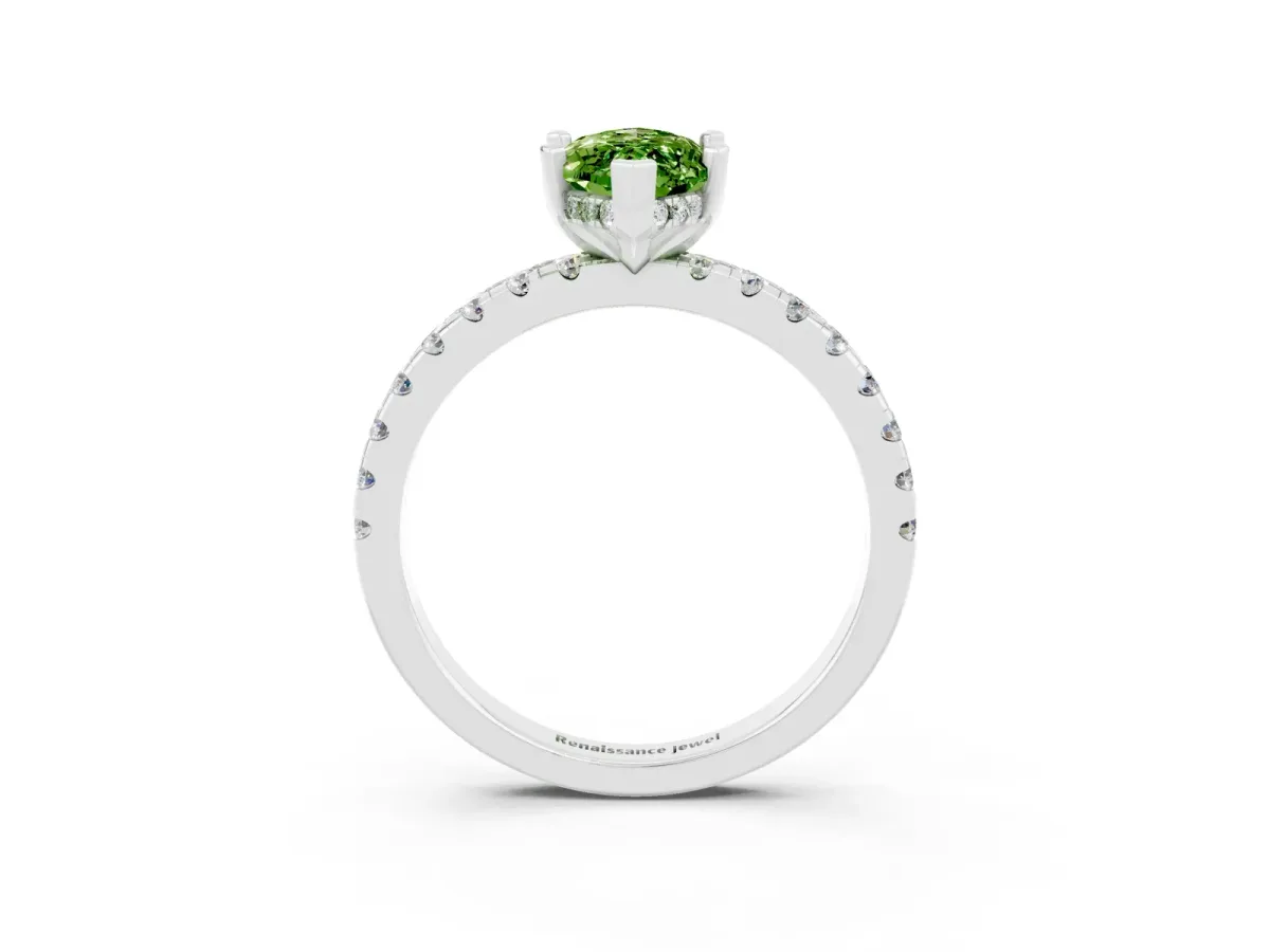 Marquise Cut Peridot Solitaire Ring with Round Pavé Band and Four-Prong Setting Silver