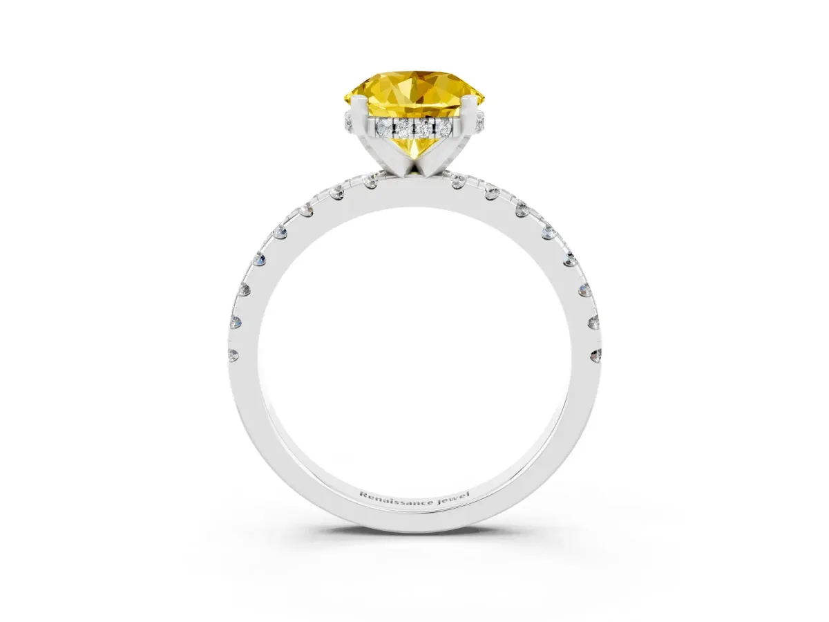 Round Cut Yellow Sapphire Solitaire Ring with Round Pavé Band and Four-Prong Setting Silver