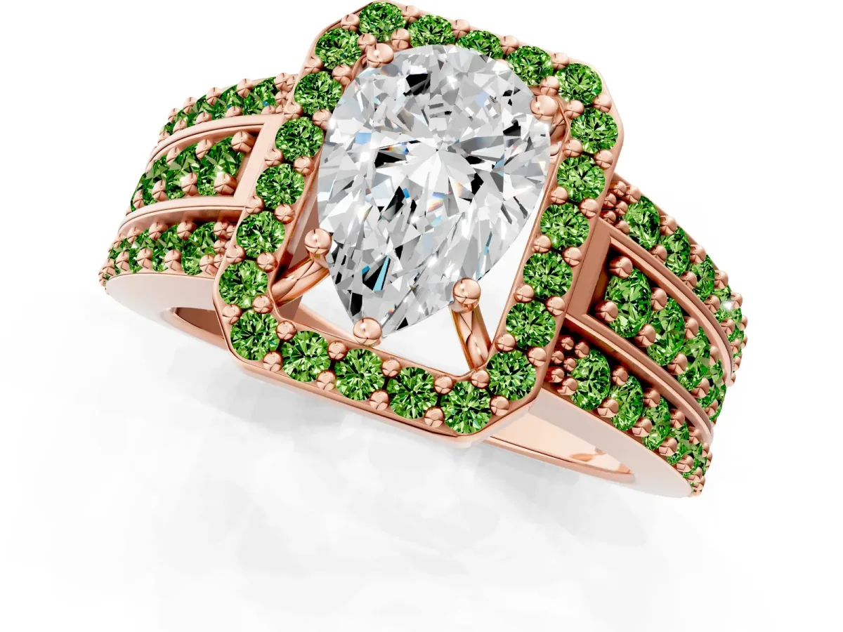 Pear Cut Halo Diamond Ring with Round Peridot Split Shank and Prong Setting Rose gold