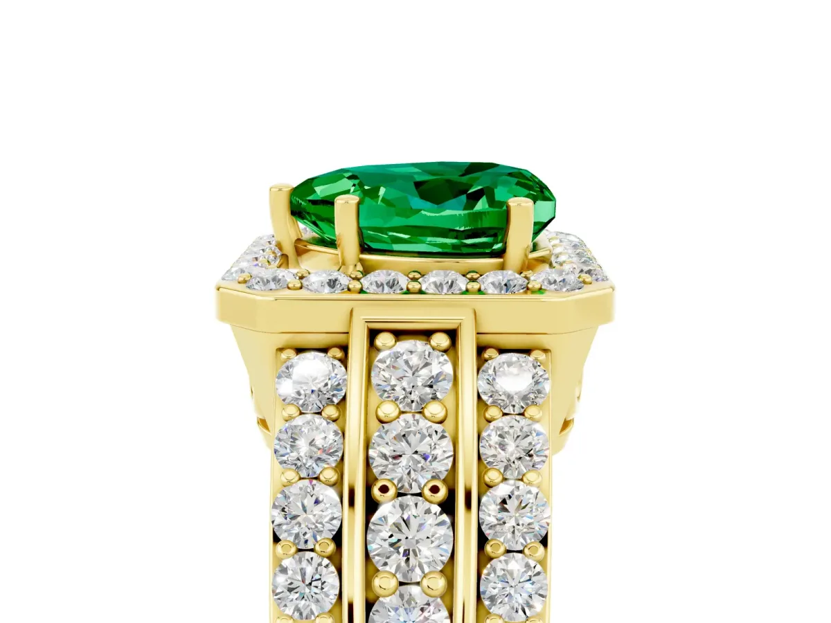 Heart Cut Halo Emerald Ring with Round Split Shank and Prong Setting Yellow gold