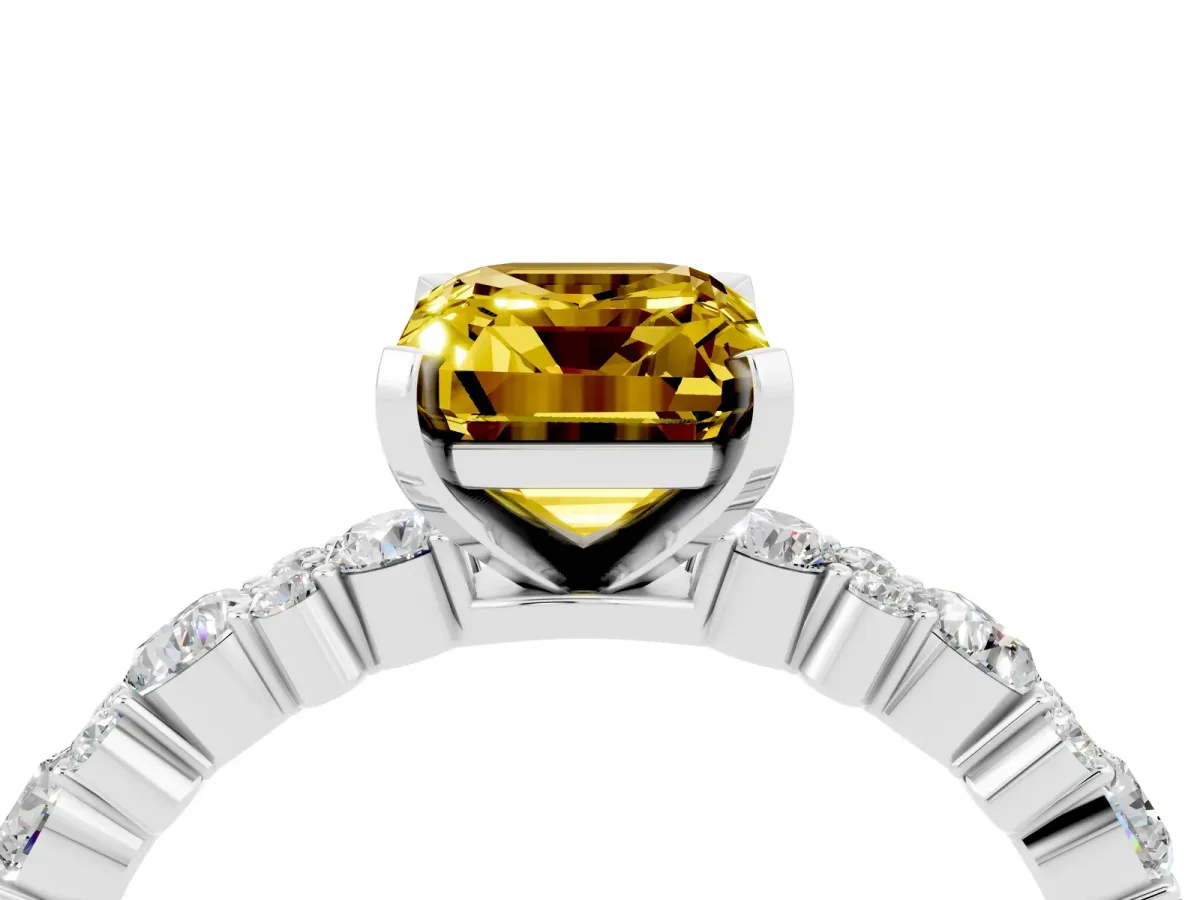 Emerald Cut Yellow Sapphire Side Stone Solitaire Ring with Round and Four-Prong Setting White gold