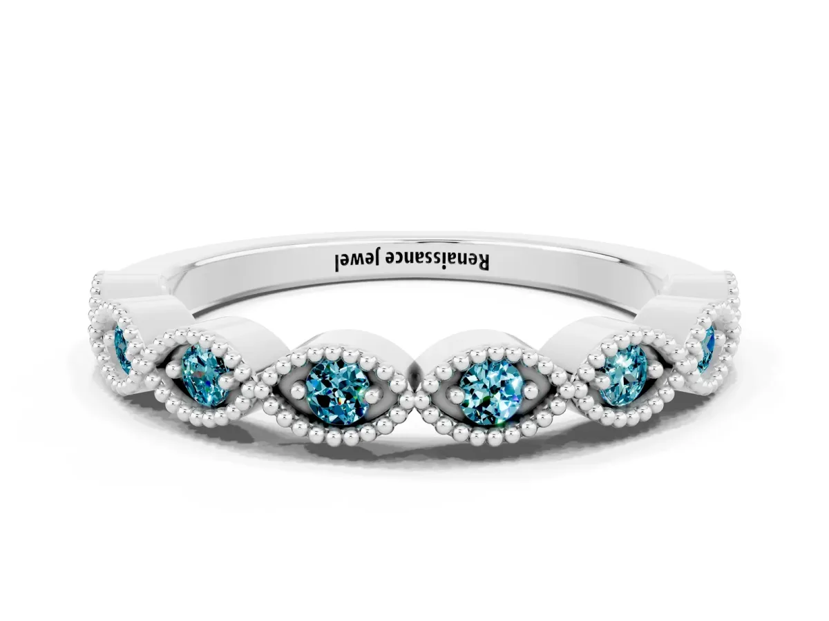 Milgrain Marquise Blue Topaz Half Eternity Band with Bezel Setting Silver