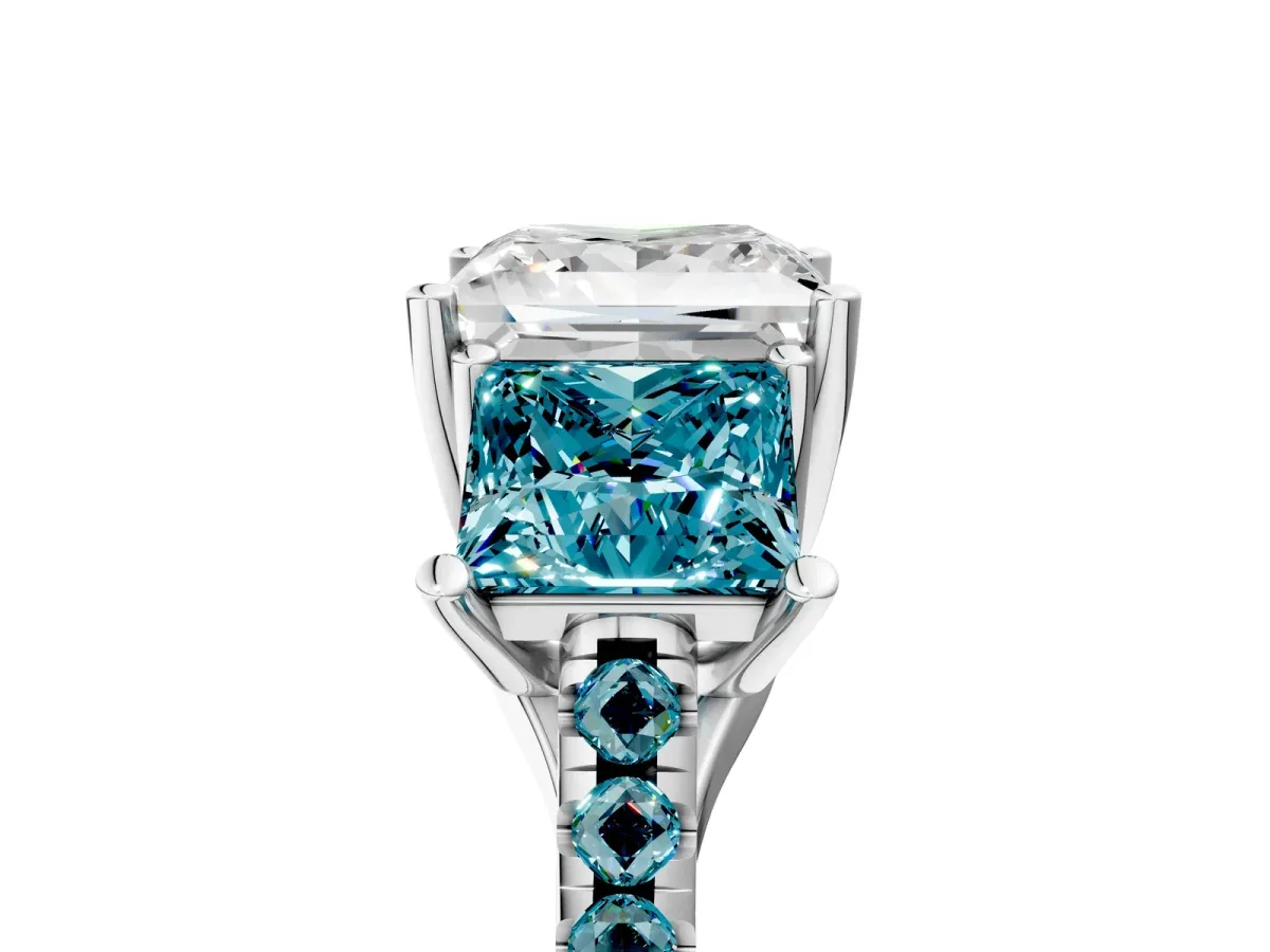 Three-Stone Princess Cut Diamond Ring with Round Blue Topaz Pavé Band and Prong Setting Silver