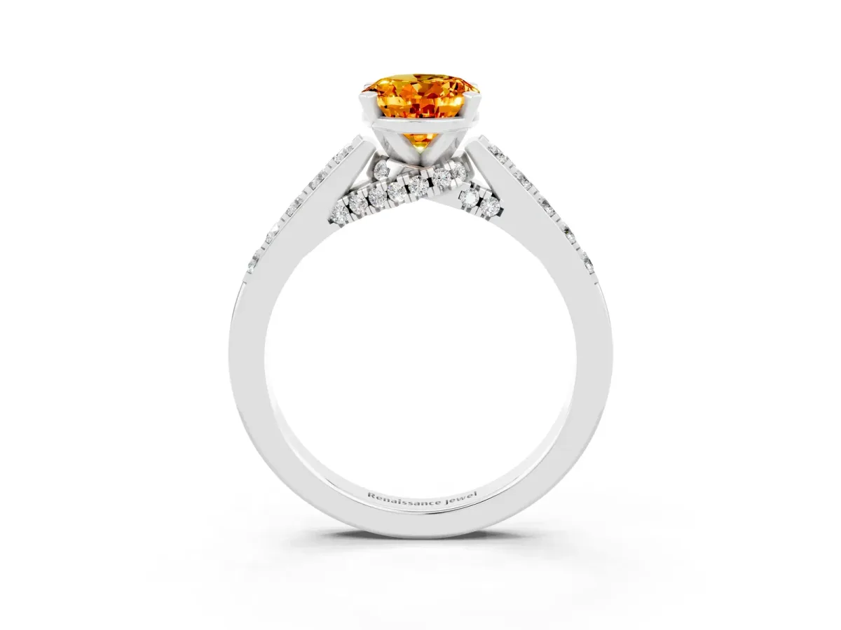 Oval Cut Citrine Solitaire Ring with Crossover Gallery and Round Pavé Band Silver