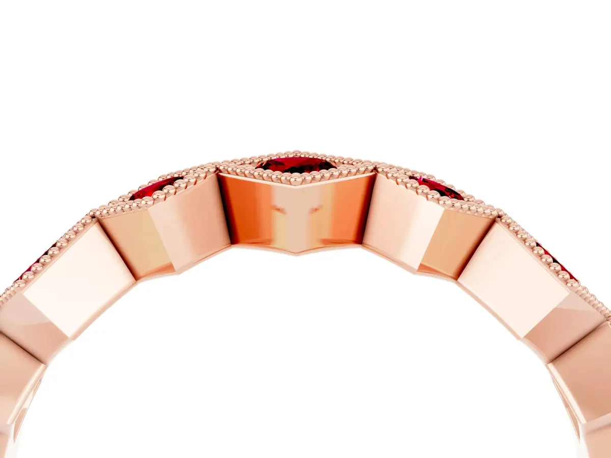 Milgrain Square Bezel Round Ruby Chevron Band Rose gold