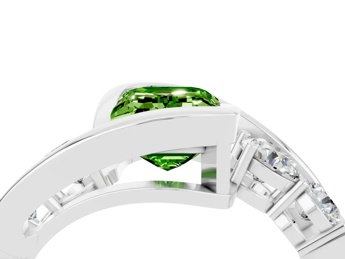 Bezel Set Emerald Cut Peridot Bypass Ring with Round Accents Platinum
