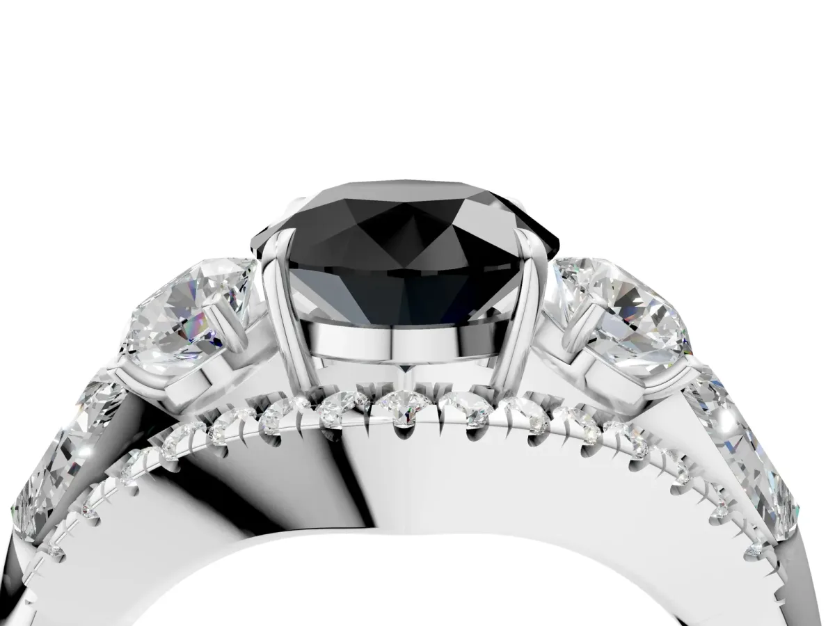 Fancy Black Three-Stone Round Cut Diamond Engagement Ring with Pave Band and Prong Setting Platinum