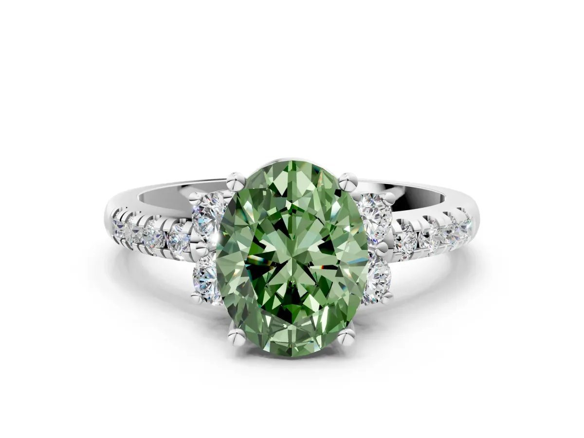 Fancy Green Oval Cut Diamond Three-Stone Pave Band with Four-Prong Setting Silver