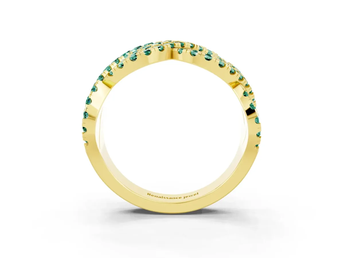 Pavé Round Green Sapphire Infinity Twist Band with Shared Prong Setting Yellow gold