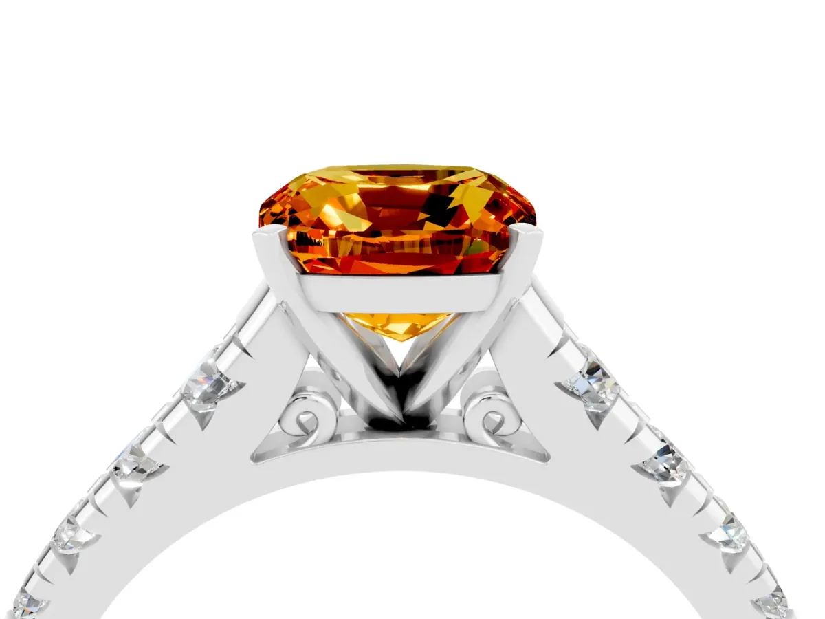 Cushion Cut Citrine Cathedral Solitaire Ring with Round Pavé Band Silver