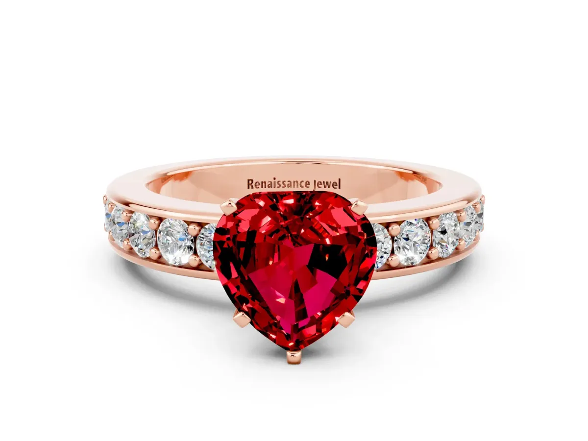 Heart Cut Ruby Engagement Ring with Channel Set Round Band and Prong Setting Rose gold