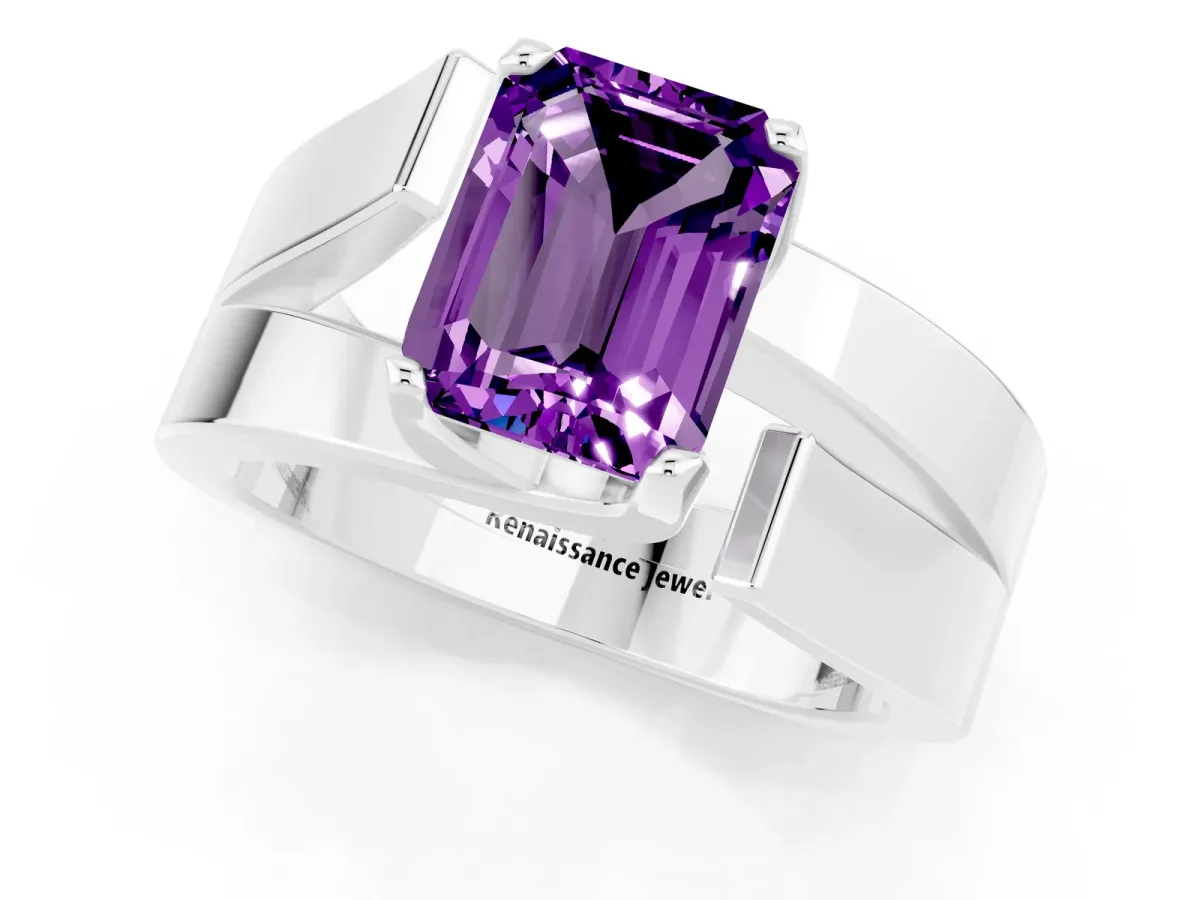 Modern Tension Set Emerald Cut Amethyst Solitaire Wide Band Ring Silver