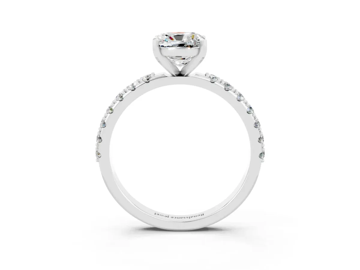 Cushion Cut Moissanite Solitaire Pavé Band with Four-Prong Setting Silver