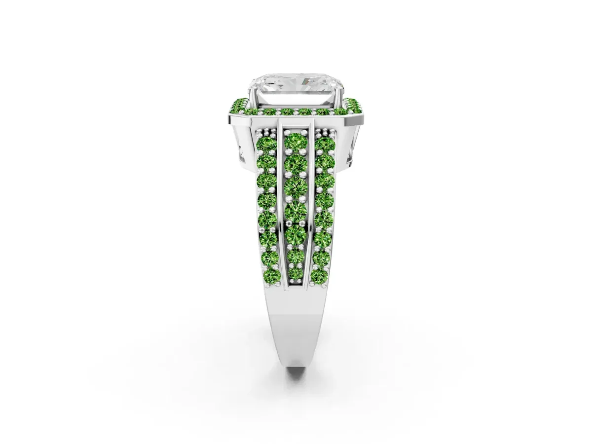 Radiant Cut Halo Diamond Ring with Round Peridot Split Shank and Prong Setting Silver