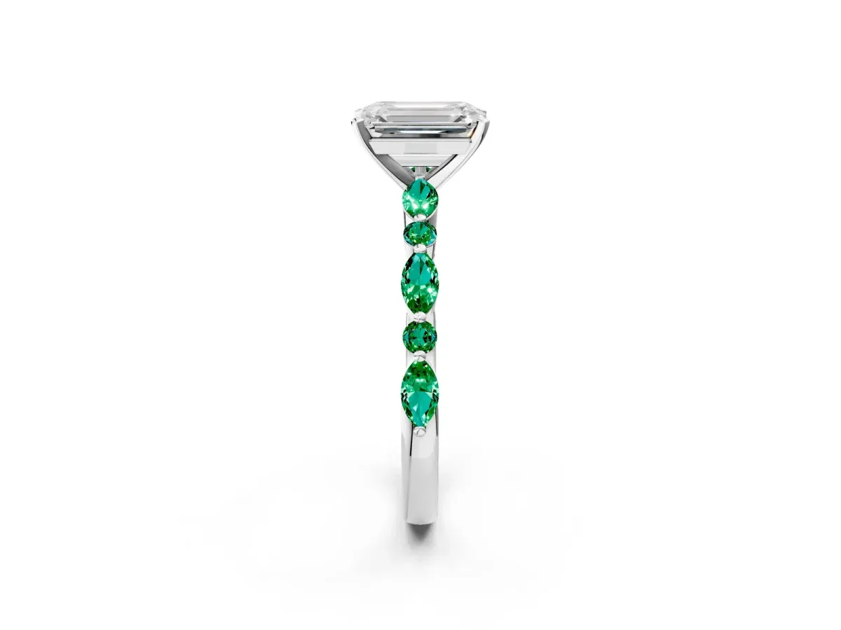 Emerald Cut Diamond Ring with Marquise and Round Emerald Side Stones and Four-Prong Setting Silver