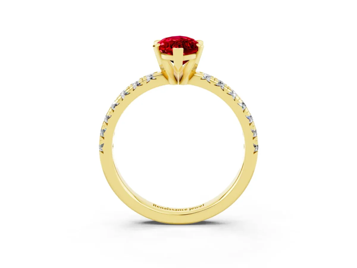 Marquise Cut Ruby Solitaire Pavé Engagement Ring with Round Band and Prong Setting Yellow gold