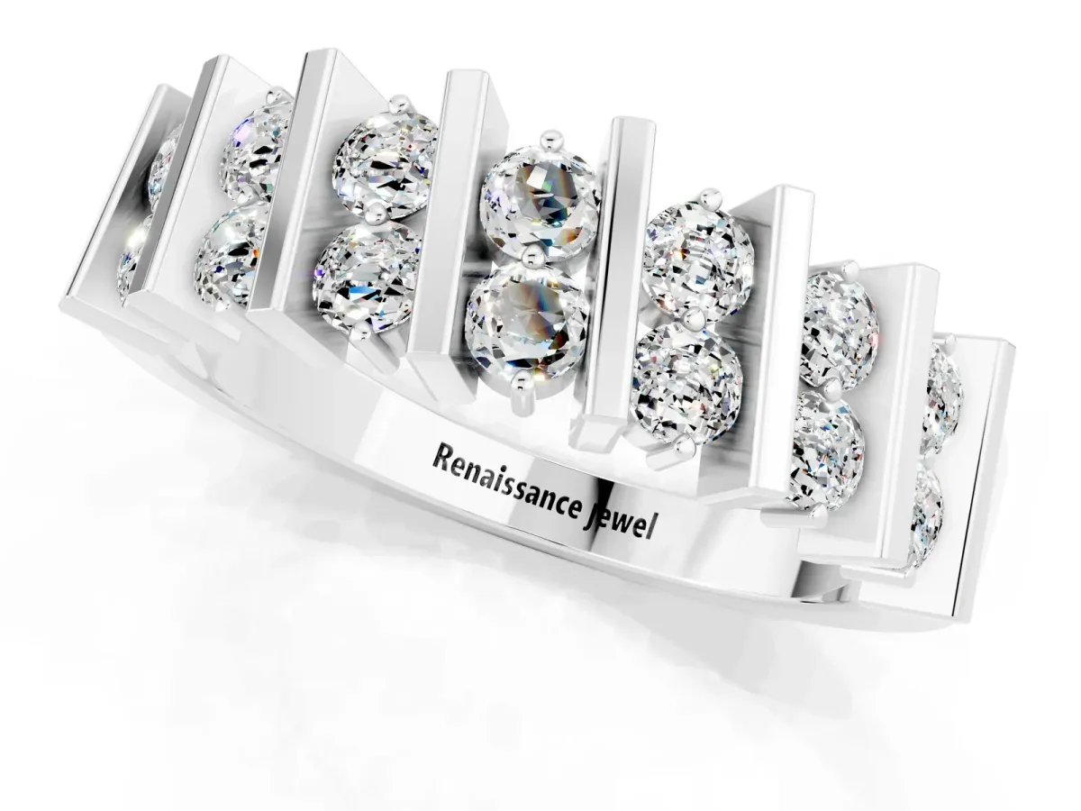 Channel Set Round Moissanite Anniversary Band with Vertical Prongs Silver