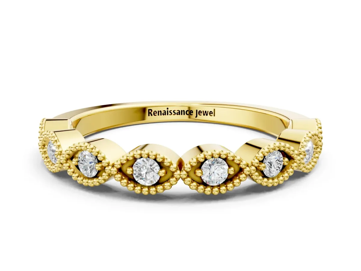 Milgrain Marquise Diamond Half Eternity Band with Bezel Setting Yellow gold