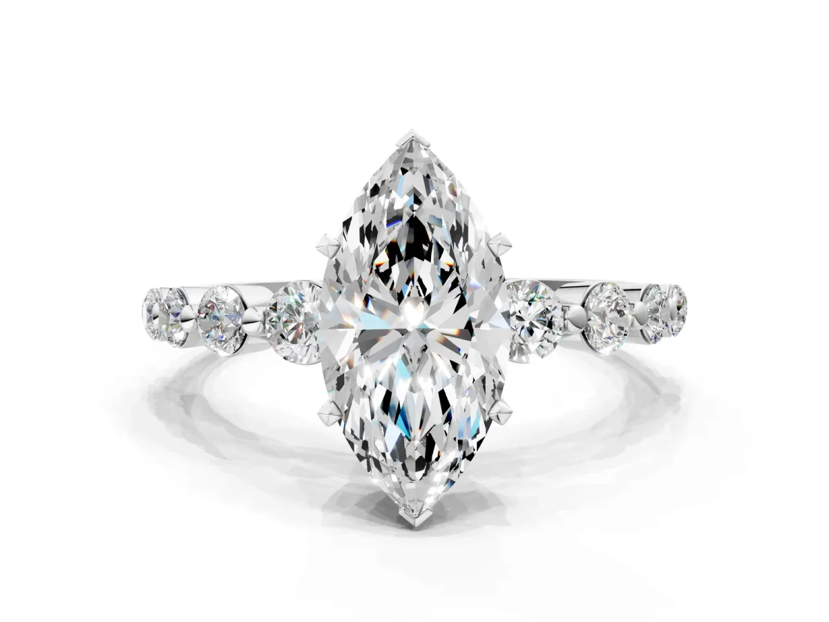 Marquise Cut Solitaire Diamond Ring with Pave Band and Four-Prong Setting Silver