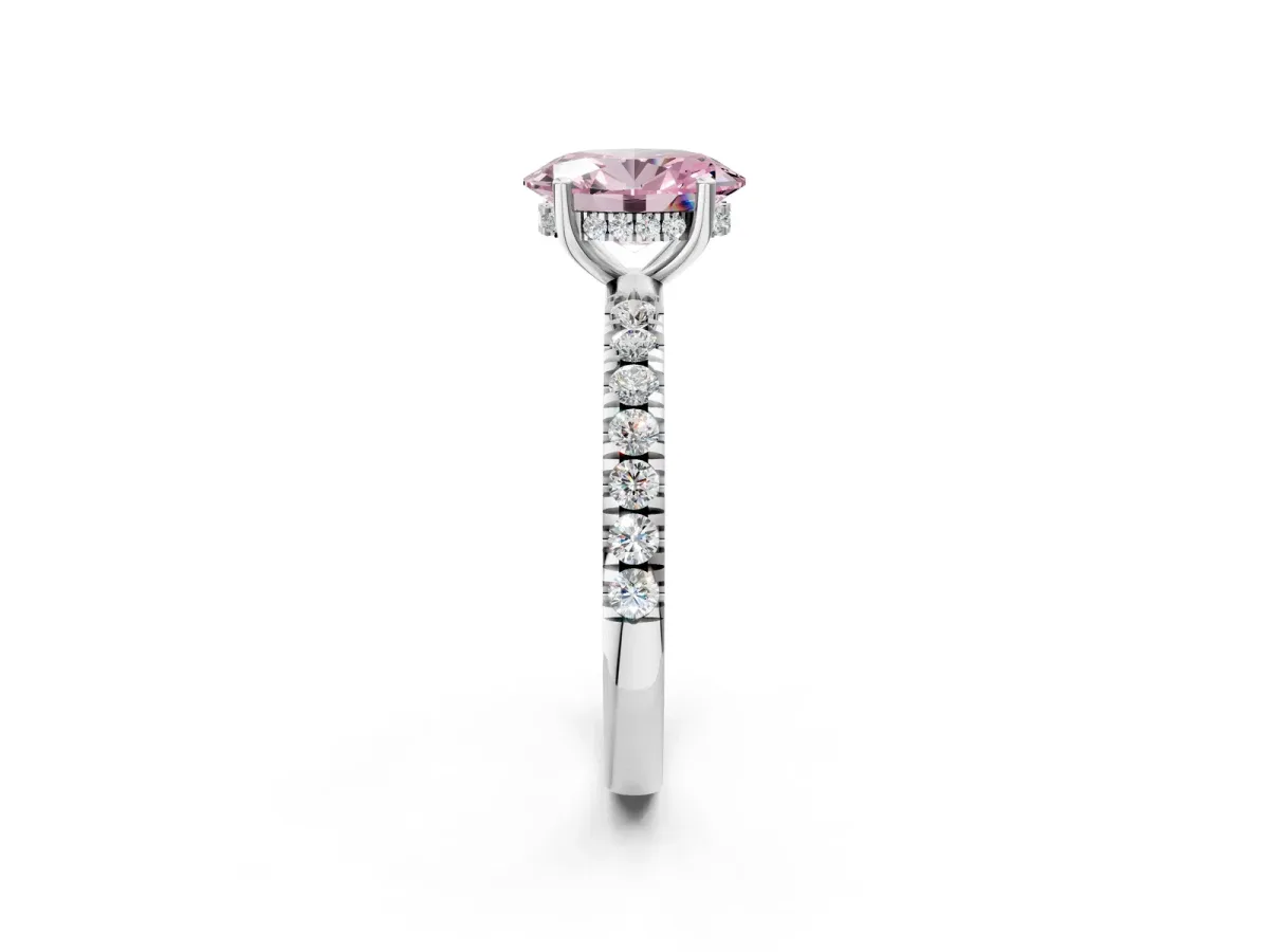 Fancy Pink Oval Cut Diamond Pave Band Solitaire Ring with Round and Prong Setting Platinum