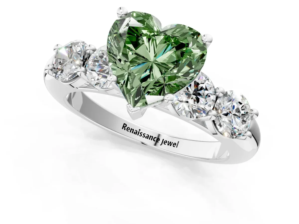 Fancy Green Heart Cut Cut Five-Stone Prong Set Diamond Ring with Classic Band Platinum