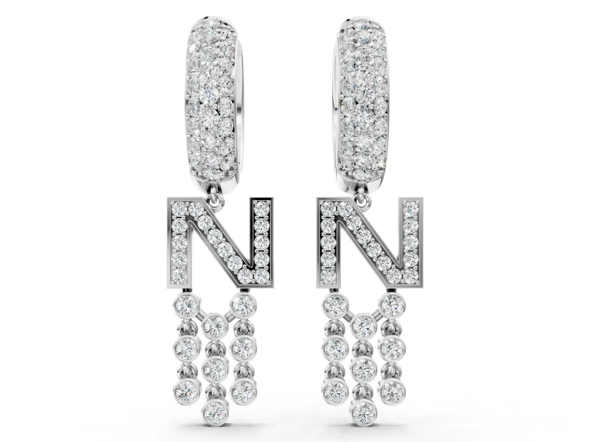 Round Diamond Initial N Huggie Hoop Earrings Platinum
