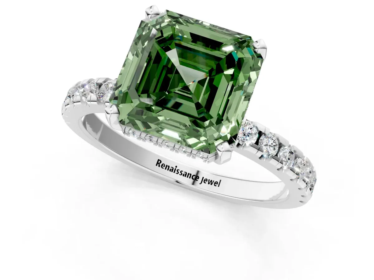 Fancy Green Asscher Cut Diamond Solitaire Ring with Round Pavé Band and Four-Prong Setting Silver