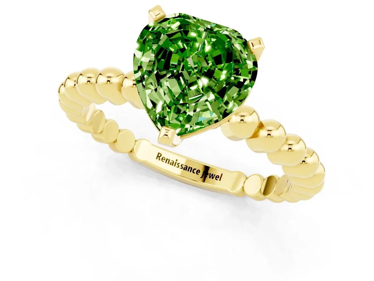 Heart Cut Peridot Solitaire Ring with Beaded Band and Prong Setting Yellow gold