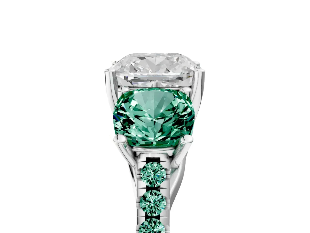 Three-Stone Cushion Cut Diamond Ring with Round Green Sapphire Pavé Band and Prong Setting Silver