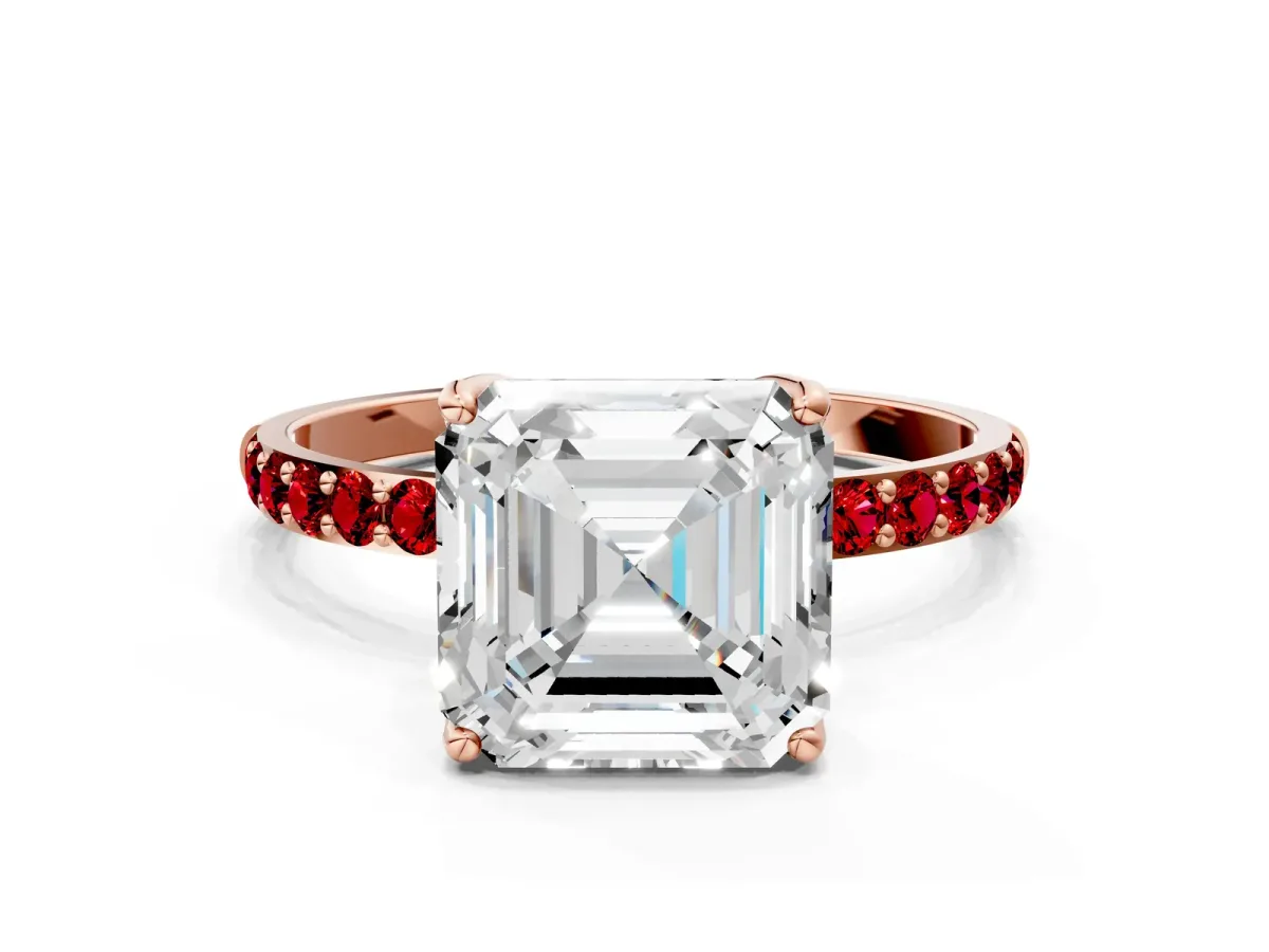 Asscher Cut Diamond Solitaire Engagement Ring with Round Ruby Pavé Band and Prong Setting Rose gold