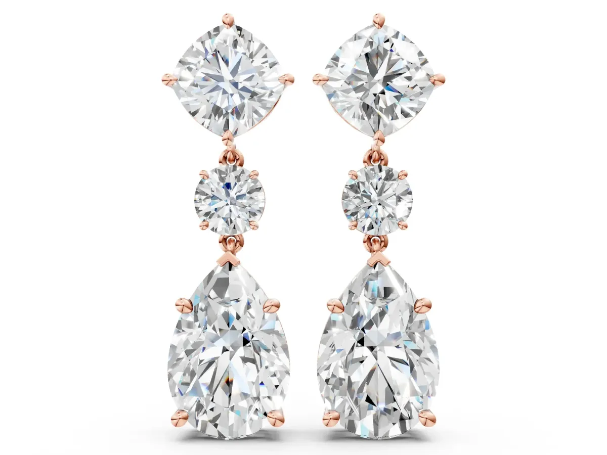Cushion, Round and Pear Diamond Three-Stone Drop Earrings Rose gold