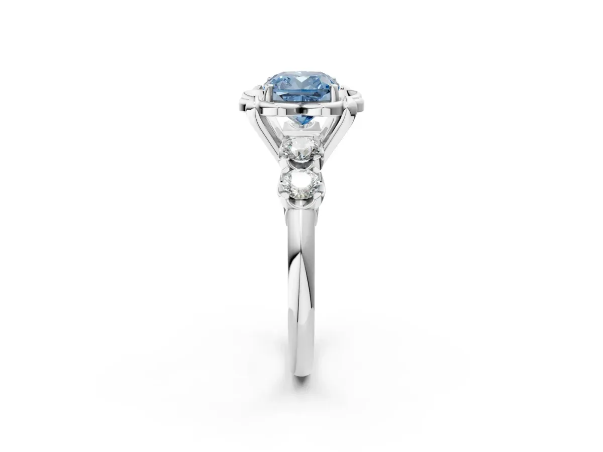 Fancy Blue Cushion Cut Cut Diamond Floral Halo Engagement Ring with Shared Prong Setting Silver