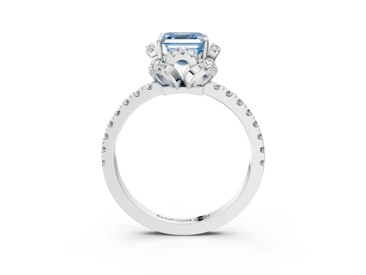 Fancy Blue Asscher Cut Halo Diamond Pave Band Ring with Four-Prong Setting Platinum
