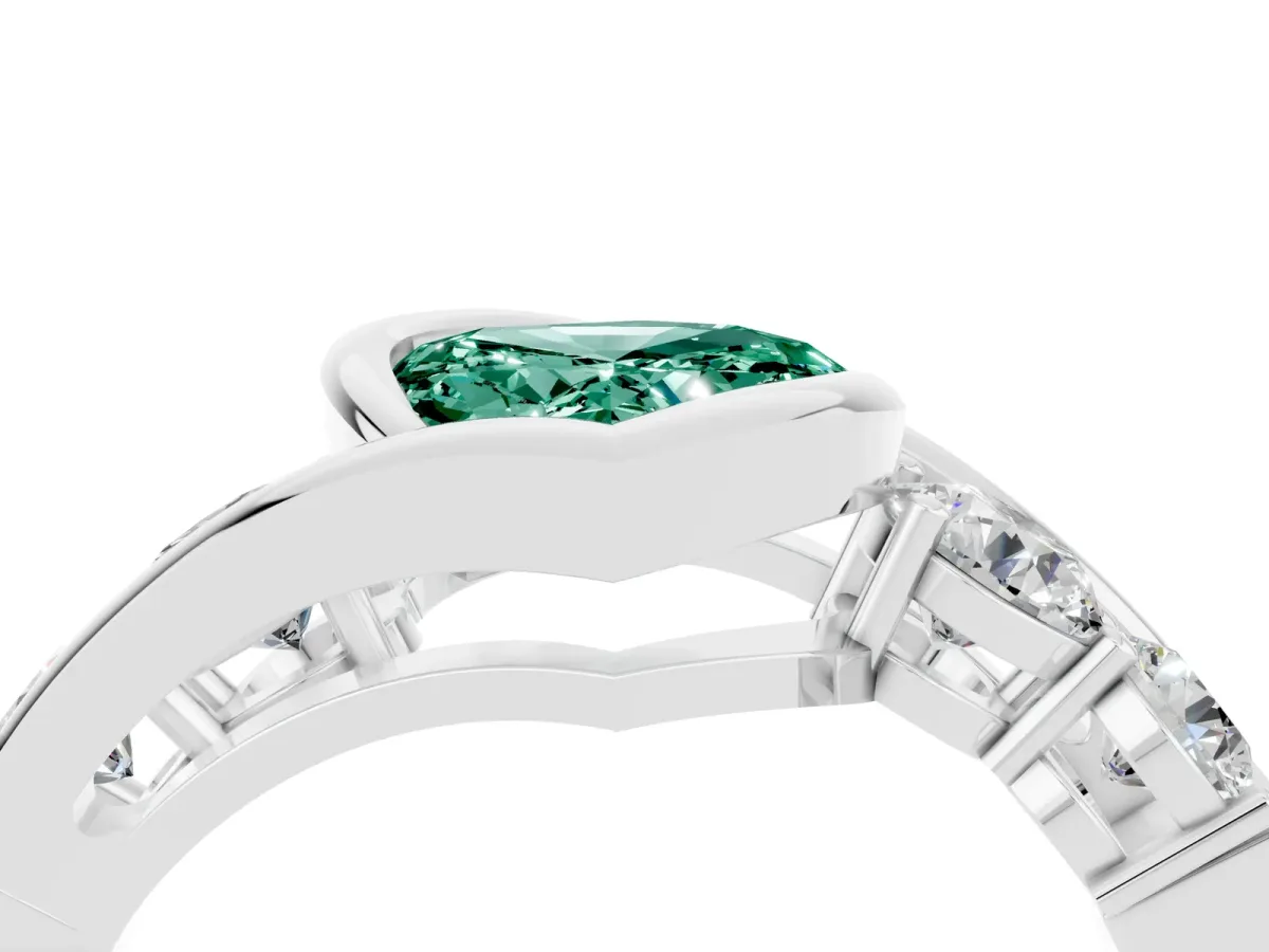 Bezel Set Heart Cut Green Sapphire Bypass Ring with Round Accents Silver