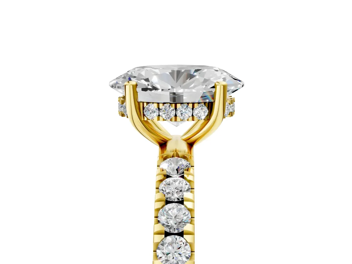 Oval Cut Diamond Pave Band Solitaire Ring with Round and Prong Setting Yellow gold