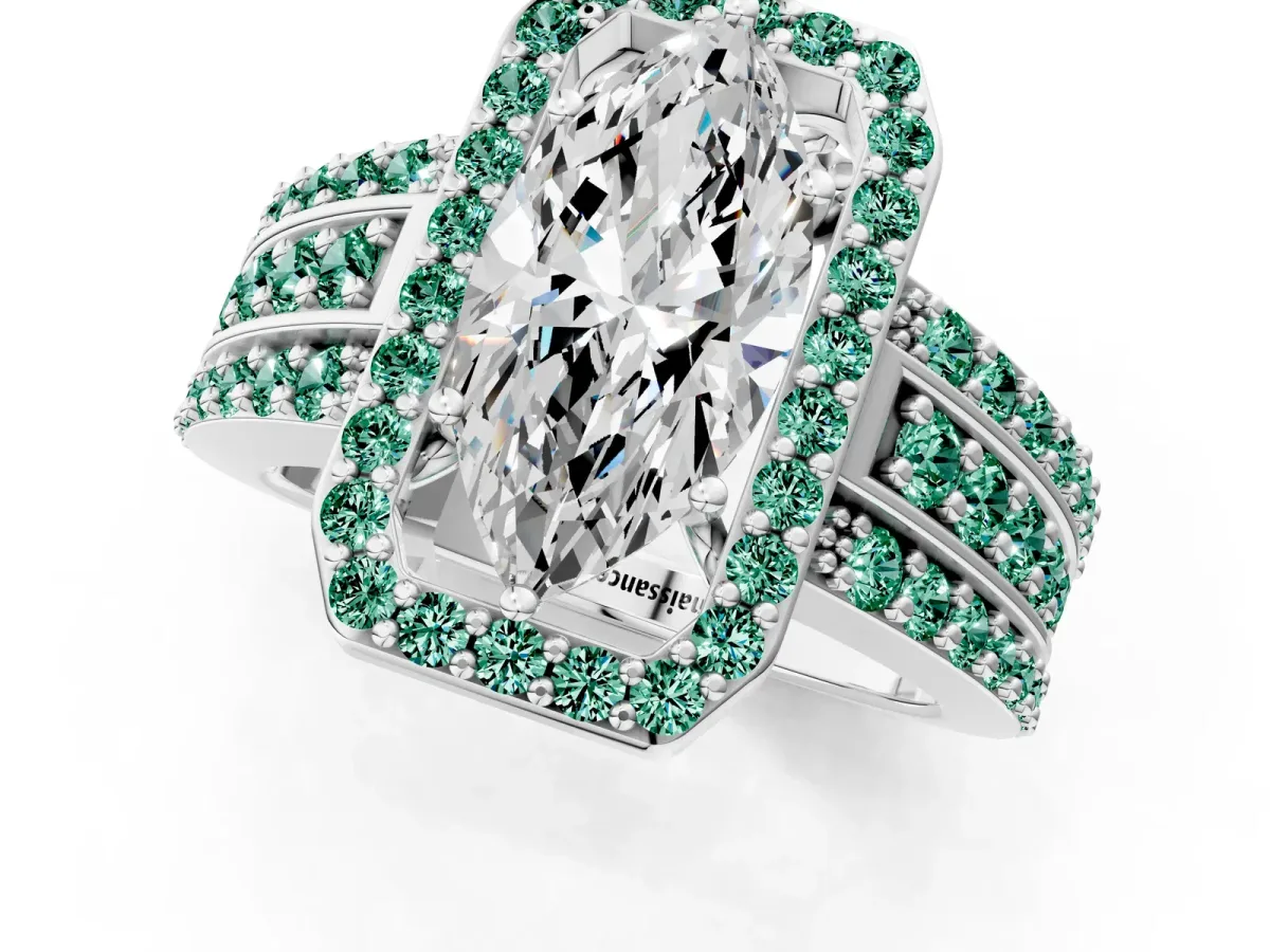Marquise Cut Halo Diamond Ring with Round Green Sapphire Split Shank and Prong Setting Silver