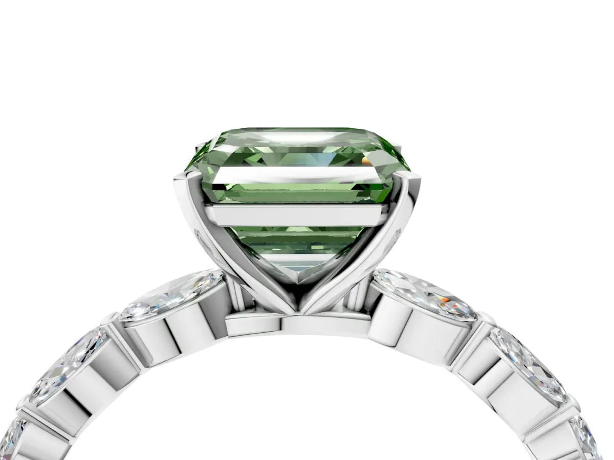 Fancy Green Asscher Cut Diamond Ring with Marquise Side Stones and Prong Setting Platinum